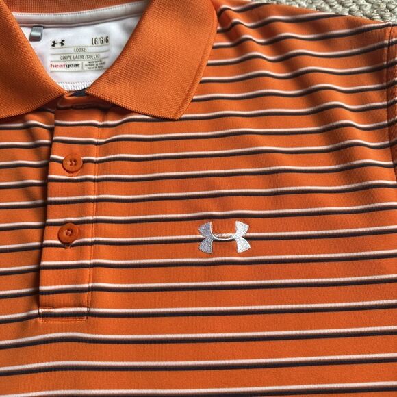 UNDER ARMOUR Polo Shirt Loose Heat Gear Large Mens  Orange Short Sleeve - Picture 2 of 3